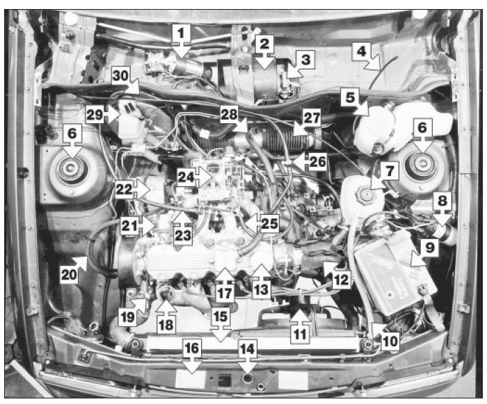 Underbonnet view of an early 1.6 litre model (air cleaner removed for clarity)